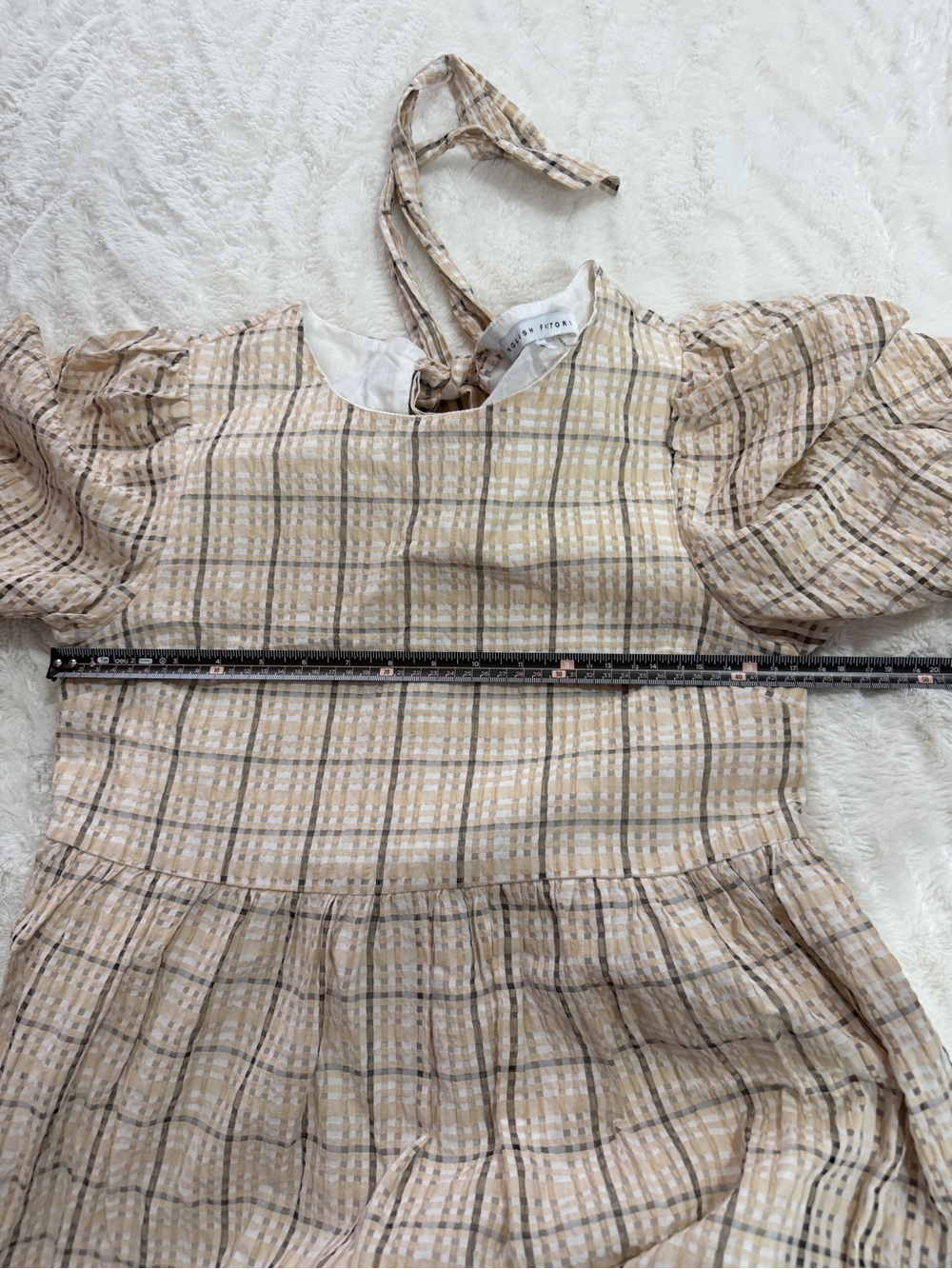 English Factory Plaid Puff Sleeve Tiered Midi Dress Small Neutral Cottagecore - Picture 5 of 7